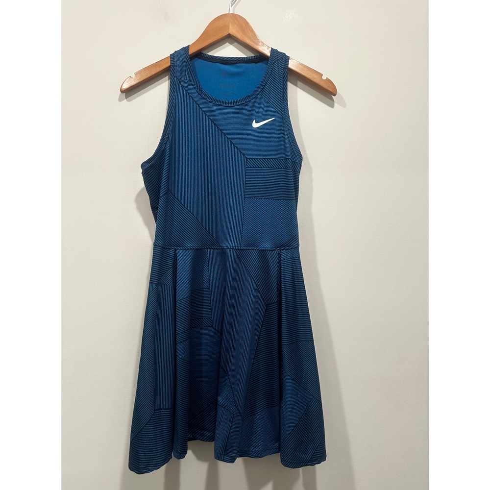 Nike Court Dri-FIT Tennis Dress Blue Geometric Stripe Sleeveless Racerback Small